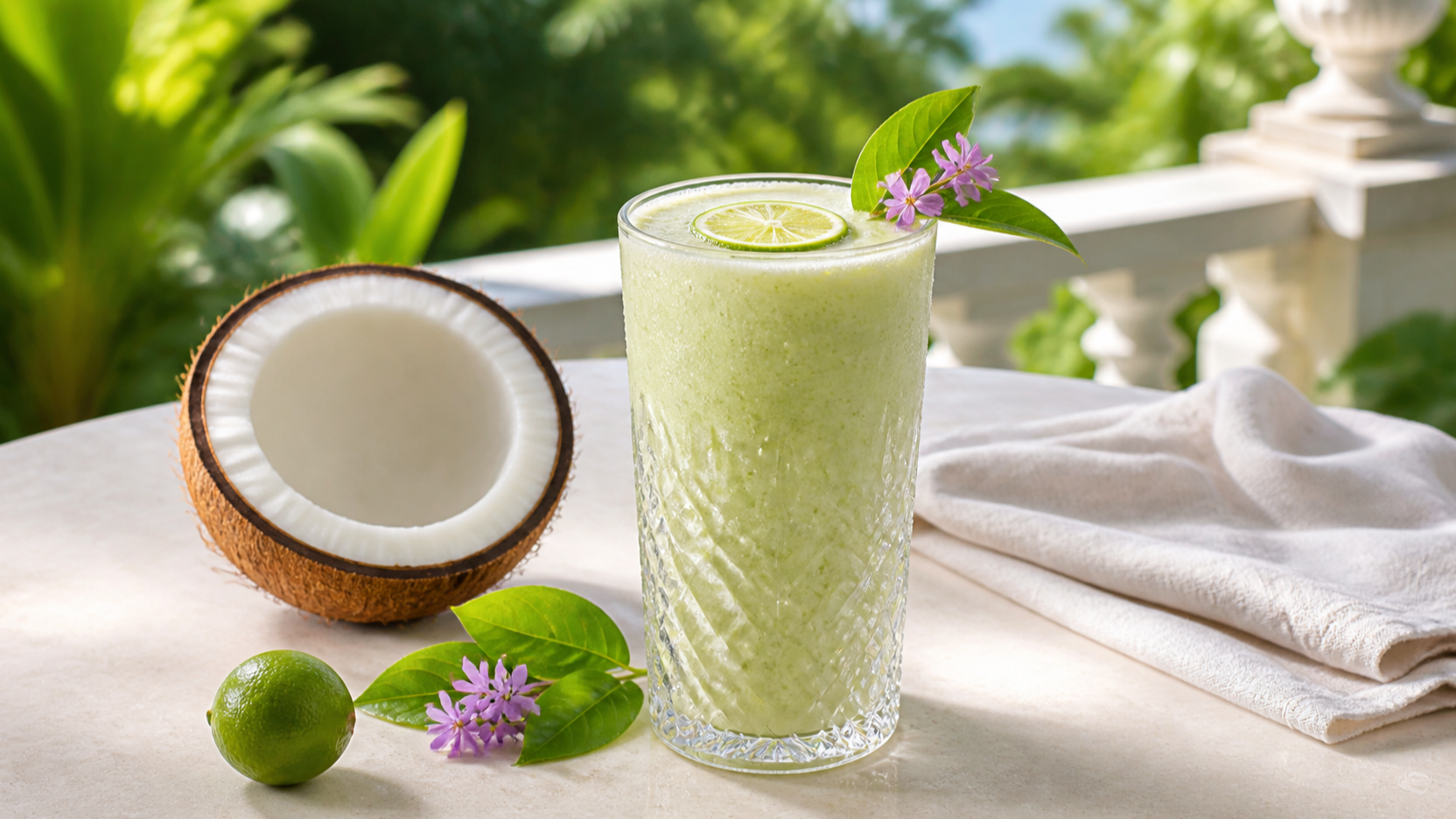 Heen Bovitiya coconut-lime smoothie with fresh coconut, lime, leaves and violet flowers