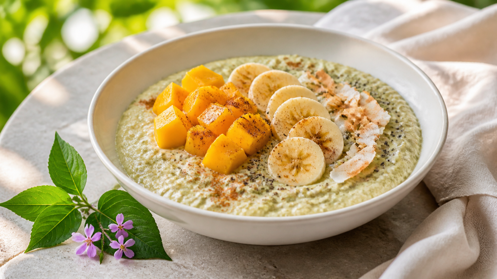Heen Bovitiya coconut overnight oats with mango, banana, chia seeds and toasted coconut