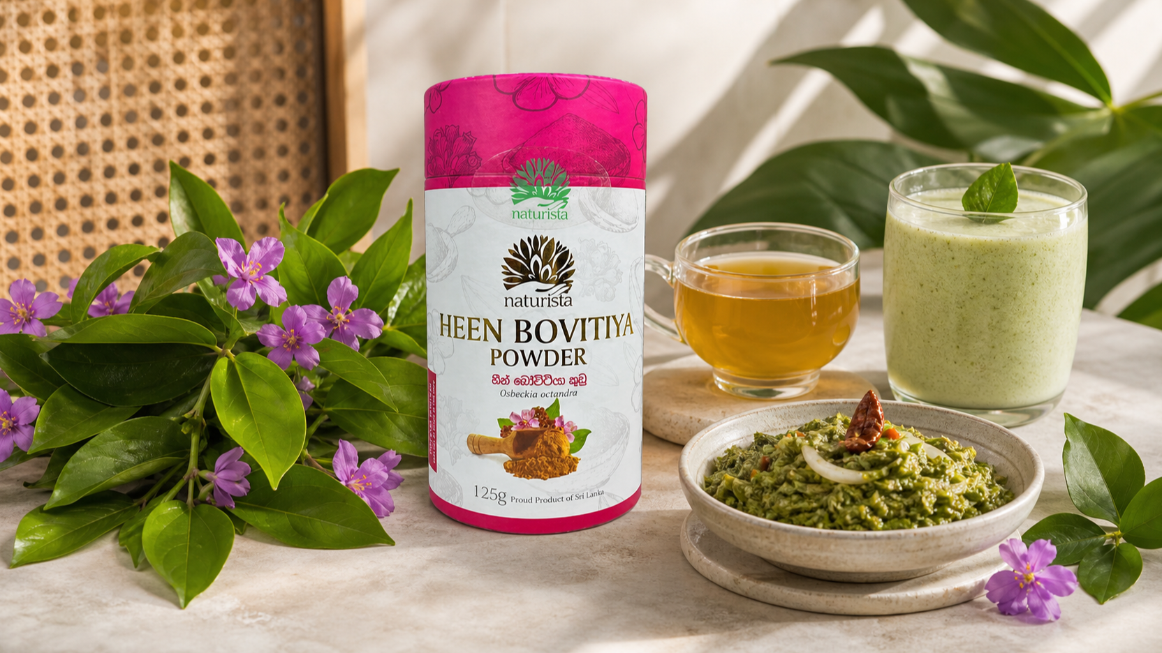 Naturista Heen Bovitiya Powder with fresh leaves, flowers, herbal infusion, kola kenda and smoothie