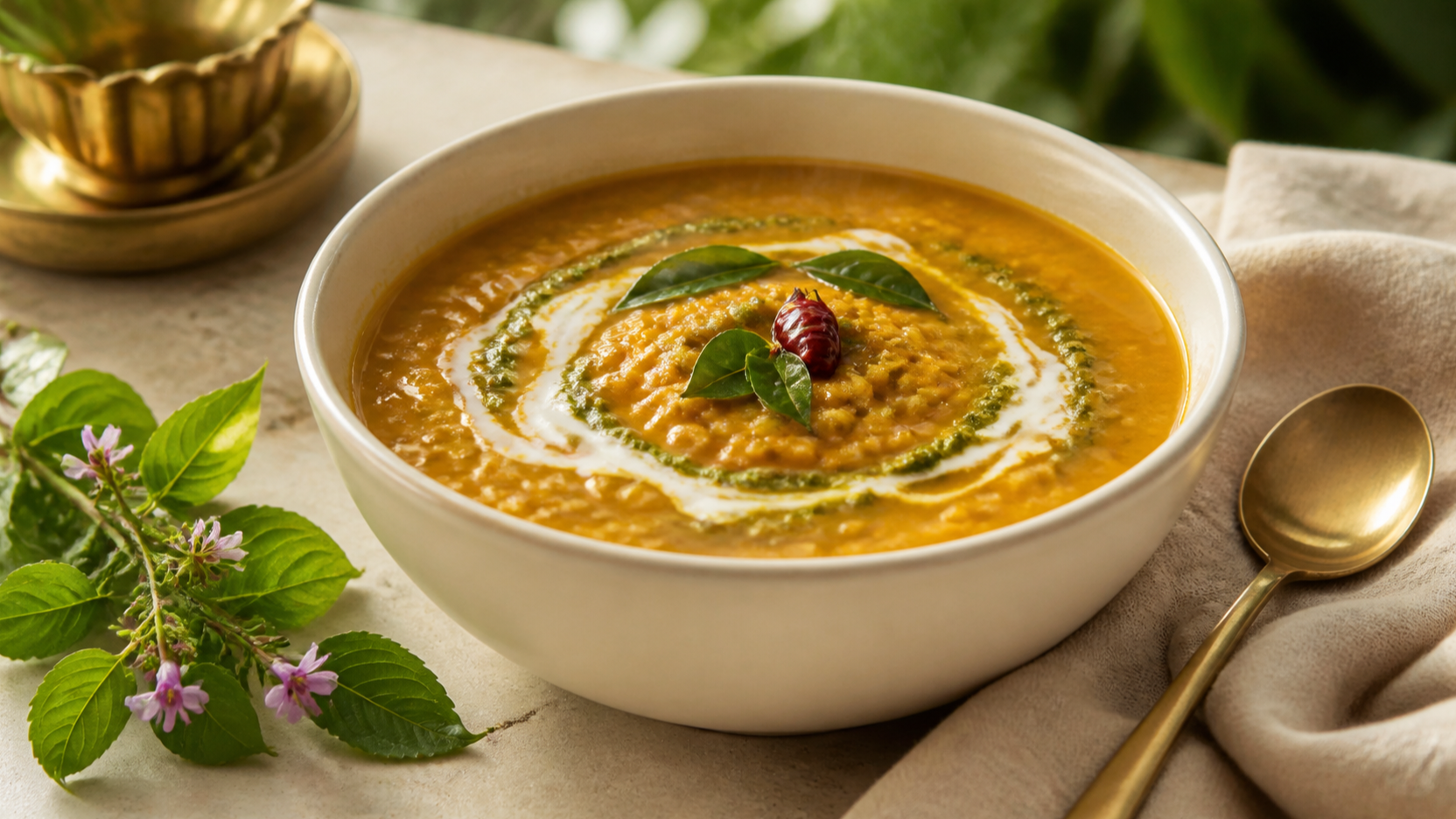 Sri Lankan-inspired red lentil and Heen Bovitiya soup with coconut milk, curry leaves and herbs